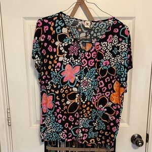 Sew in Love Multicolor Floral and Leopard Print Blouse. Size Large